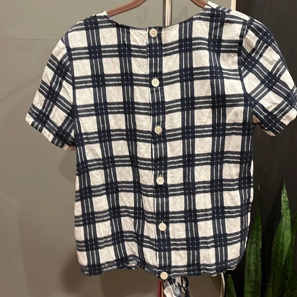 🍕🪻Madewell Plaid Button-Back Tie Tee blue white small CLOSEOUT